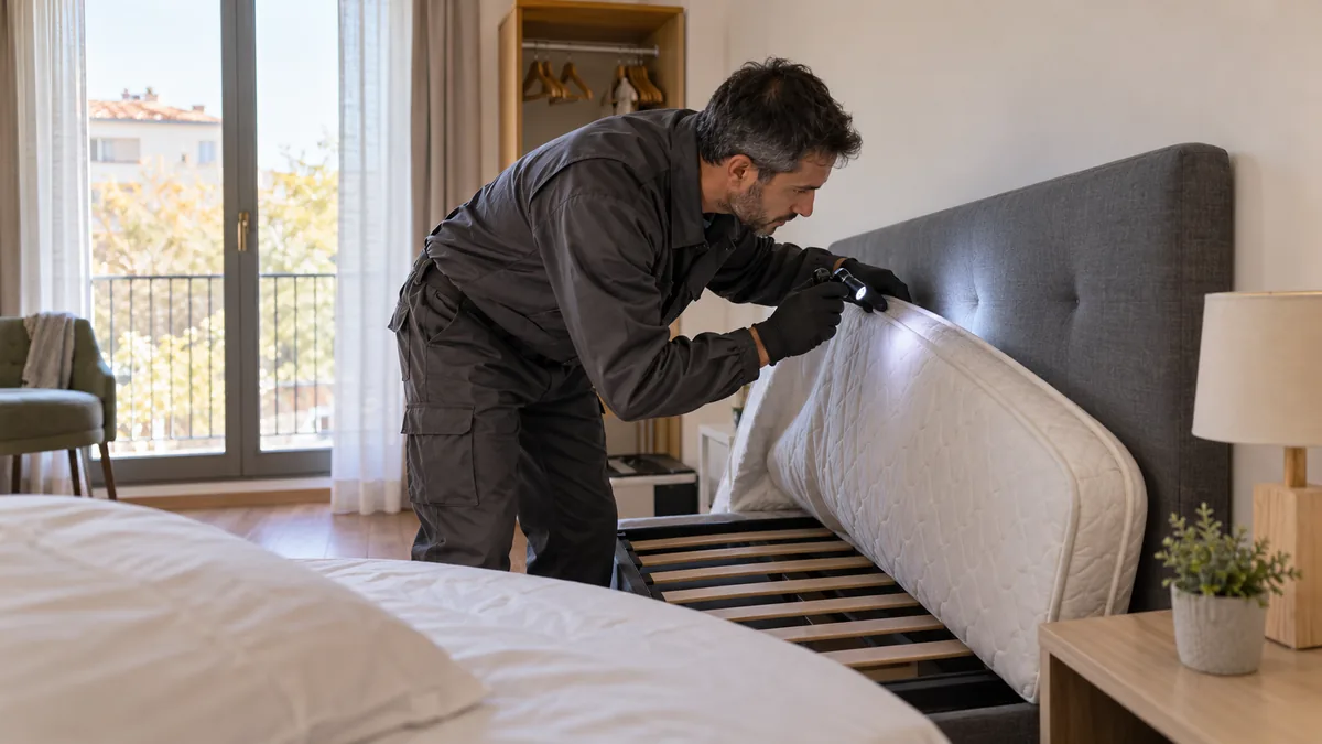 Técnico inspeccionando colchón y cabecero por posibles chinches en un alojamiento de Rubí